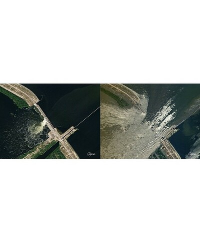 ウクライナ南部ダム、破壊前・後を衛星画像で比較