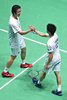 バドミントン、全英オープン、男子ダブルス準決勝。勝利を喜ぶ遠藤大由/渡辺勇大組（2020年3月14日撮影）。 (c)Oli SCARFF / AFP