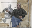 南仏アビニョンで、公判に臨むドミニク・ペリコ被告（右）を描いた法廷画（2024年9月17日作成）。(c)Benoit PEYRUCQ / AFP
