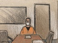 米ミネソタ州内の勾留施設からビデオを通じてミネアポリスの裁判所に出頭したデレク・ショービン容疑者を描いた法廷画（2020年6月8日作成）。(c)Cedric HOHNSTADT / AFP