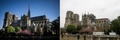 火災前（左、2018年4月17日撮影）の、フランスの首都パリにあるノートルダム大聖堂と、火災後（右、2019年4月16日撮影）の大聖堂（2019年4月17日作成）。(c)PHILIPPE LOPEZ and FRANCOIS GUILLOT / AFP