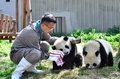 ミルクを飲み終えたパンダの口をきれいにする飼育員（2019年4月23日撮影）。(c)CNS/安源