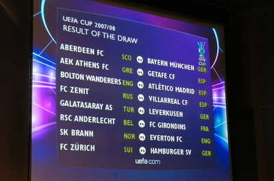 UEFA杯2007-08・決勝トーナメント1、2回戦の組み合わせが決まる