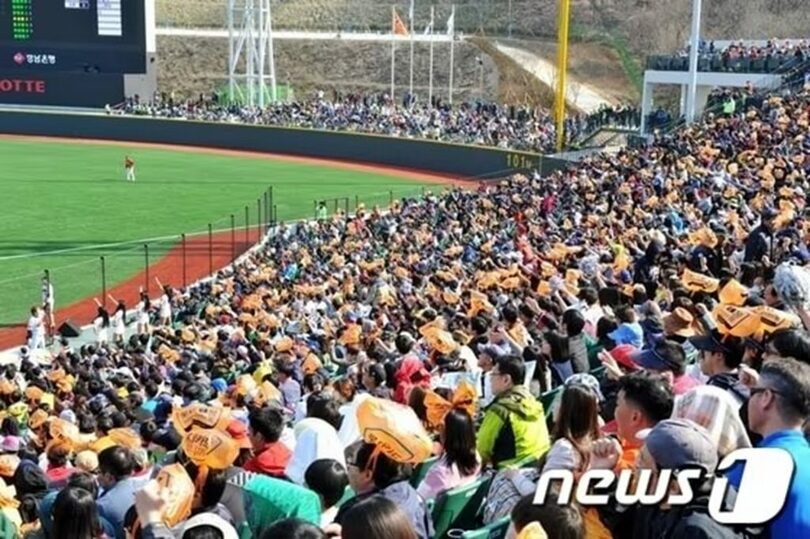 2014年、オレンジ色のビニール袋を頭にかぶり応援する観客。現在は使い捨て品規制で見られなくなった光景だ(c)news1