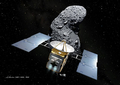 宇宙航空研究開発機構（Japan Aerospace Exploration Agency、JAXA）が公開した小惑星探査機「はやぶさ（Hayabusa）」（手前）と小惑星「イトカワ（ITOKAWA）」のイメージ図。(c)AFP/JAXA/Akihiro IKESHITA