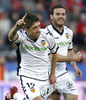 10-11スペイン1部リーグ第27節、マジョルカ（RCD Mallorca）対バレンシア（Valencia CF）。得点を挙げ歓喜するバレンシアのパブロ・エルナンデス（Pablo Hernandez、左、2011年3月5日撮影）。(c)AFP/Jaime REINA