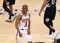 22-23NBAプレーオフ、イースタンカンファレンス1回戦（7回戦制）、ロサンゼルス・クリッパーズ対フェニックス・サンズ。3ポイントシュートを決めて喜ぶフェニックス・サンズのクリス・ポール（2023年4月22日撮影）。(c)Harry How/Getty ImagesAFP