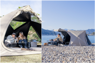 設営1分。撤収1分。※1「100%完全遮光ヘキサ型キャンプシェード」アルペンアウトドアーズ、スポーツデポ・アルペンにて3月19日（木）販売開始