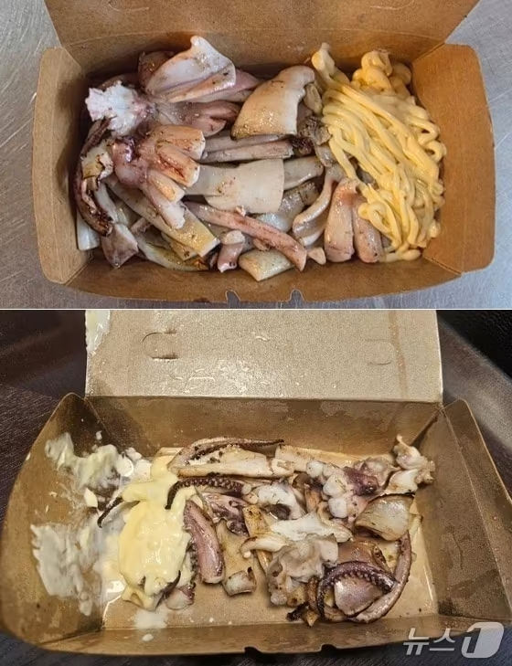 上は実際に販売された鉄板イカ（販売店提供）と下はオンラインコミュニティに投稿された鉄板イカの写真(c)news1