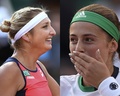全仏オープンテニス、女子シングルス準決勝で激突するティメア・バシンスキー（左）とエレナ・オスタペンコ（2017年6月7作成）。(c)AFP/Eric FEFERBERG/CHRISTOPHE SIMON