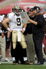 09NFL第11週、タンパベイ・バッカニアーズ対ニューオーリンズ・セインツ。ショーン・ペイトン（%%Sean Payton%%）ヘッドコーチから指示を受けるセインツのドリュー・ブリーズ（左）。（2009年11月22日撮影）(c)AFP/Getty Images/Florida. J. Meric