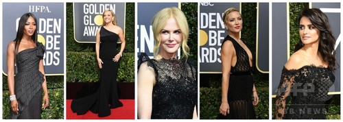 ゴールデン・グローブ賞レッドカーペット、黒一色の衣装でセクハラに抗議 ゴールデン・グローブ賞レッドカーペット、黒一色の衣装でセクハラに抗議