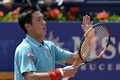 男子テニス、バルセロナ・オープン、シングルス準々決勝。勝利を喜ぶ錦織圭（2015年4月24日撮影）。(c)AFP/JOSEP LAGO
