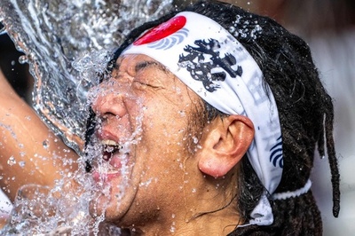 Cold water New Year ritual at shinto shrine in Tokyo