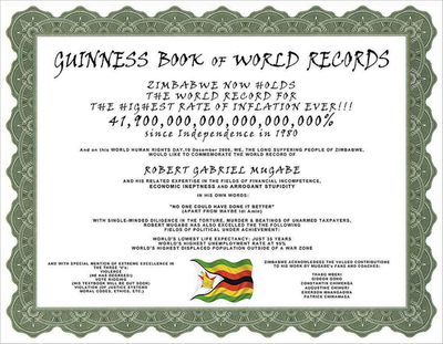 世界最悪のインフレ率にギネスを模した認定証、ジンバブエ人活動家ら