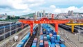 綏芬河鉄道口岸のコンテナ積み替え場で、「中欧班列」復路便の貨物を積み替えるガントリークレーン（ドローンから、2024年8月7日撮影）。(c)Xinhua News