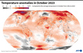 世界の平均気温と2023年10月の気温との差異を示した図。欧州連合（EU）の気象情報機関「コペルニクス気候変動サービス（C3S）」と欧州中期気象予報センター（ECMWF）のデータより（2023年11月7日作成）。(c)Simon MALFATTO, Valentina BRESCHI, Sylvie HUSSON / AFP