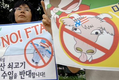 韓国で米国産牛肉の輸入再開に反対するデモ