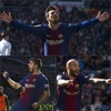 17-18スペイン1部リーグ第17節、レアル・マドリード対FCバルセロナ。試合でゴールを決めたFCバルセロナのルイス・スアレス、リオネル・メッシ、アレイクス・ビダル（2017年12月23日撮影）。(c)AFP/CURTO DE LA TORRE