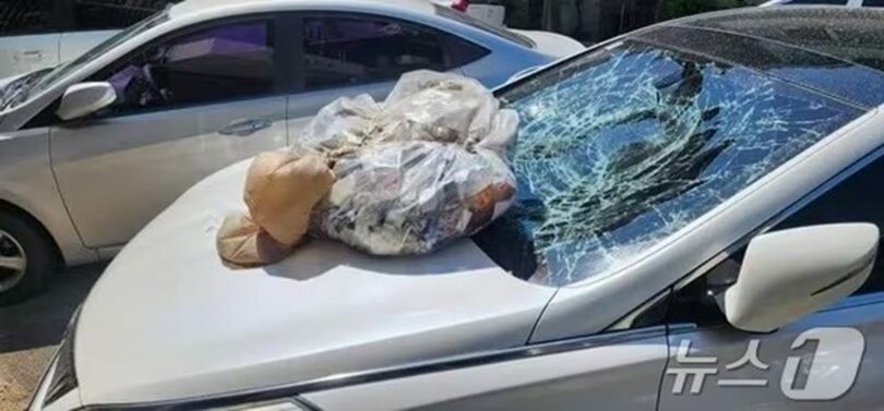 汚物風船の被害を受けた車両=読者提供(c)news1