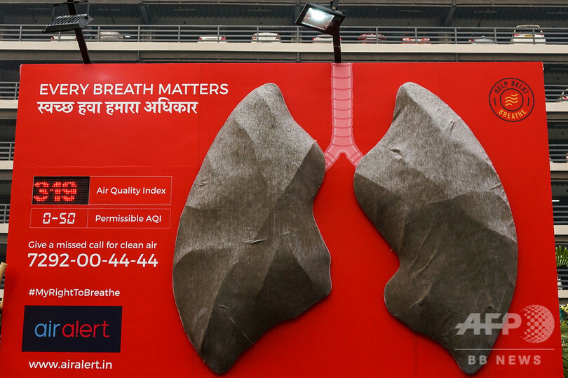 巨大な肺のアート、10日間で真っ黒に 印ニューデリーの大気汚染