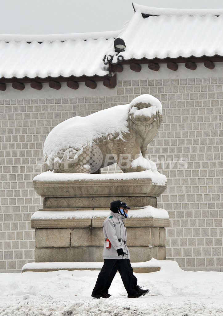 ソウルに10センチの積雪、ヘチ像も雪化粧