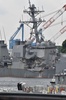 神奈川県横須賀市の南西沖でフィリピン船籍のコンテナ船と衝突した米海軍イージス駆逐艦「フィッツジェラルド」の損傷部分。横須賀港で（2017年6月18日撮影）。(c)AFP/Kazuhiro NOGI
