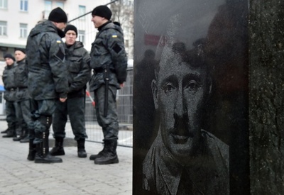 ロシア大使館前に「プーチン氏の墓石」ウクライナ