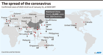 新型コロナウイルス、感染者が確認された国と地域（31日15時30分現在）