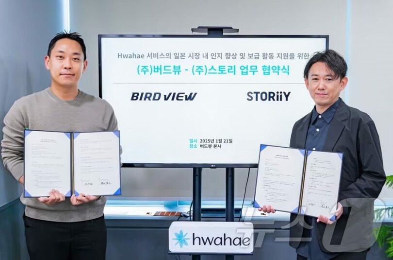 業務協約を締結したバードビューとSTORiiYの関係者＝バードビュー提供(c)news1