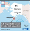 米アラスカ州沖で発生したM8.2の地震の震源を示した図。(c)PAZ PIZARRO / AFP