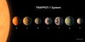赤色矮星「TRAPPIST-1」の周りを公転する7つの惑星の想像図。欧州南天天文台（ESO）提供（2017年2月22日提供）。(c)AFP/ESO/NASA/R. Hurt/T. Pyle