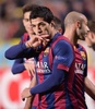 サッカー欧州チャンピオンズリーグ2014-15（UEFA Champions League 2014-15）グループF第5節、アポエル・ニコシア（APOEL Nicosia）対FCバルセロナ（FC Barcelona）。得点を挙げ喜ぶFCバルセロナのルイス・スアレス（Luis Suarez、2014年11月25日撮影）。(c)AFP/SAKIS SAVVIDES

