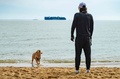 米メリーランド州ボルティモア沖のチェサピーク湾内で座礁した巨大コンテナ船「エバーフォワード」を見る人（2022年4月13日撮影）。(c)Jim WATSON / AFP