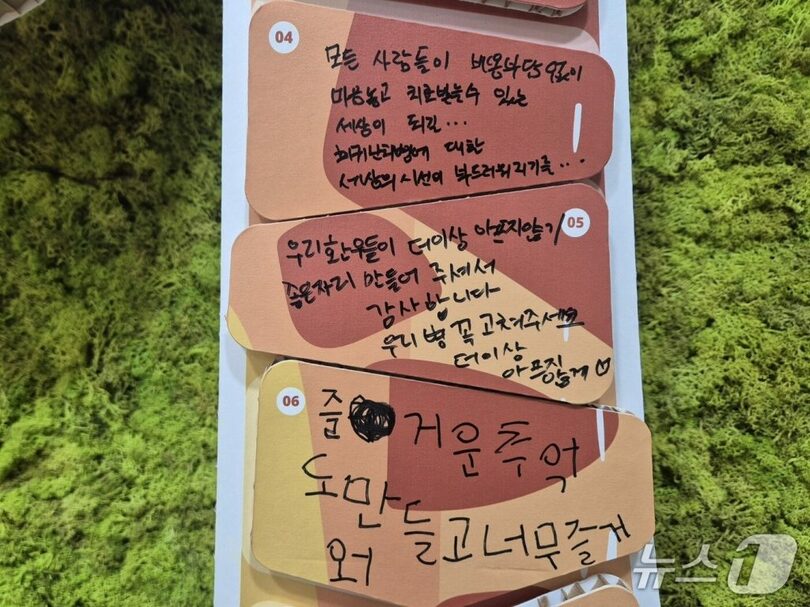 シェルターの壁に貼られた、利用者たちの手書きメモ(c)news1