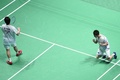 バドミントン、全英オープン、男子ダブルス準決勝。勝利を喜ぶ遠藤大由/渡辺勇大組（2020年3月14日撮影）。 (c)Oli SCARFF / AFP