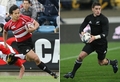 2011年ラグビーW杯ニュージーランド大会（Rugby World Cup 2011）1次リーグA組の第2戦で対戦する日本代表の小野澤宏時（Hirotoki Onozawa）とオールブラックスのコリー・ジェーン（Cory Jane）。(c)AFP/KAZUHIRO NOGI/BRENDON O&apos;HAGAN