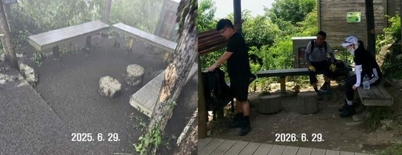 仁川・桂陽山の山頂付近にある東屋の様子。右は今年6月29日、左は1年前＝SNSより(c)NEWSIS