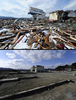 東日本大震災の被災地の震災直後の様子と、2012年1月の様子。

写真上は岩手県大槌町で、津波に流されて2階建ての建物の上に乗り上げた遊覧船（2011年4月16日撮影）。写真下は現在の様子（2012年1月16日撮影）。(c)AFP/YASUYOSHI CHIBA/TORU YAMANAKA