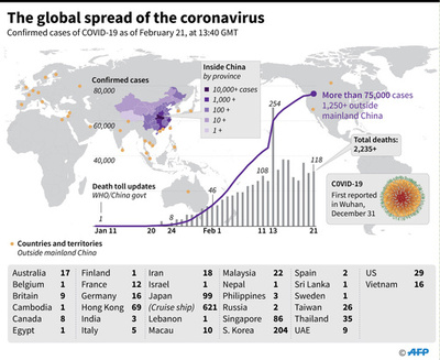 新型コロナウイルス、感染者が確認された国と地域（21日22時40分現在）