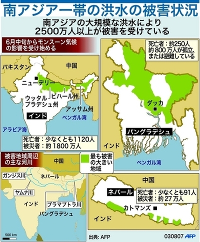 南アジアのモンスーンによる洪水被害状況