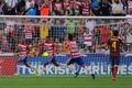 13-14スペイン1部リーグ第33節、グラナダ（Granada CF）対FCバルセロナ（FC Barcelona）。先制点を喜ぶグラナダのヤシン・ブラヒミ（Yacine Brahimi、左、2014年4月12日撮影）。(c)AFP/JORGE GUERRERO