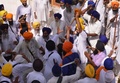 インド北部アムリツァル（Amritsar）にあるシーク教の総本山「黄金寺院（Golden Temple）」で、もみ合うシーク教徒たち（2014年6月6日撮影）。(c)AFP/NARINDER NANU