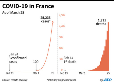 仏の新型コロナ死者、1300人超える
