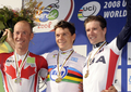 2008UCIロード世界選手権エリート男子タイムトライアルの表彰式に臨む（左から）Svein Tuft、ベアト・グラブシュ、David Zabriskiehis。（2008年9月25日撮影）(c)AFP/DAMIEN MEYER