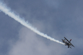 米ウィスコンシン（Wisconsin）州オシュコシュ（Oshkosh）で28日、エクスペリメンタル航空機協会（Experimental Aircraft Association）が主催する毎年恒例の航空ショーが開催された。写真は、飛行中の翼の上に人が立つパフォーマンスを見せる飛行機（2009年7月28日撮影）。(c)AFP/Getty Images/Jonathan Daniel