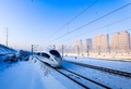 ハルビン西駅を出発した北京朝陽駅行きの高速鉄道列車（2021年1月22日撮影）。(c)Xinhua News