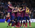 13-14スペイン1部リーグ第34節、FCバルセロナ（FC Barcelona）対アスレティック・ビルバオ（Athletic Bilbao）。後半29分にリオネル・メッシ（Lionel Messi）が決めた勝ち越しゴールを喜ぶFCバルセロナの選手（2014年4月20日撮影）。(c)AFP/JOSEP LAGO
