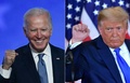 米大統領選の投票が終わった後の2020年11月4日未明に、デラウェア州ウィルミントンで演説するジョー・バイデン前副大統領（左）と、米首都ワシントンで演説するドナルド・トランプ大統領（右）のコンボ写真（2020年11月4日作成）。(c)ANGELA  WEISS and MANDEL NGAN / AFP