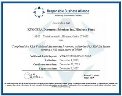 枚方工場がRBA 監査でプラチナ認証を取得